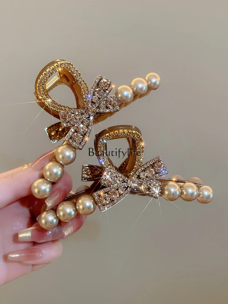 Pearl Rhinestone Bow Claw Clip, Elegant Hair Pin, High-Grade, Updo, Updo