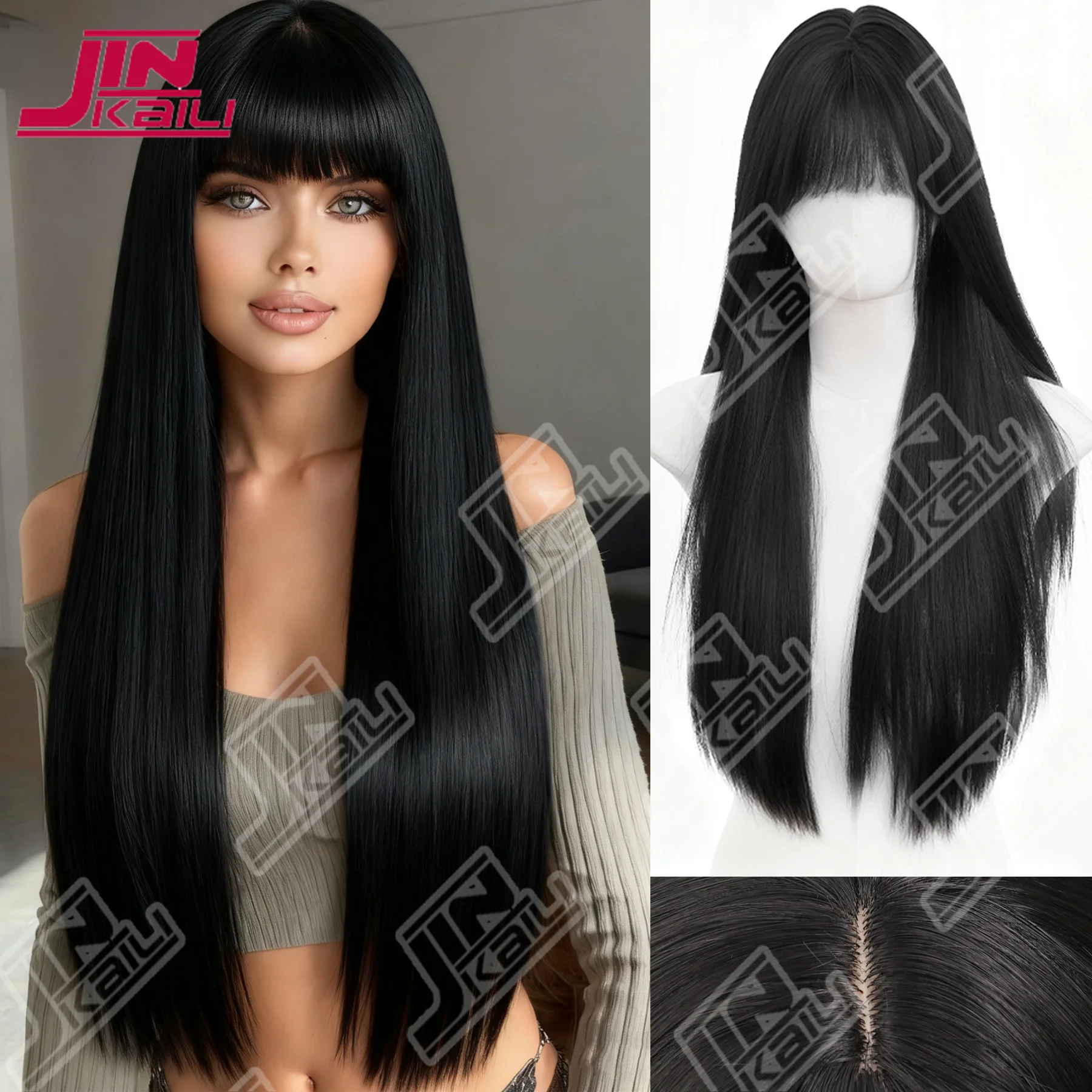 JKL Synthetic 60CM Korean Black Long Straight Hair Synthetic Wig Synthetic Natural Long Straight Hair With Bangs Wig