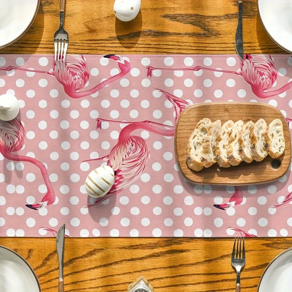 Sketch Style Flamingo Table Runner Light Pink White Polka Dot Tropical Print Dining Decor For Summer Beach Themed Gatherings