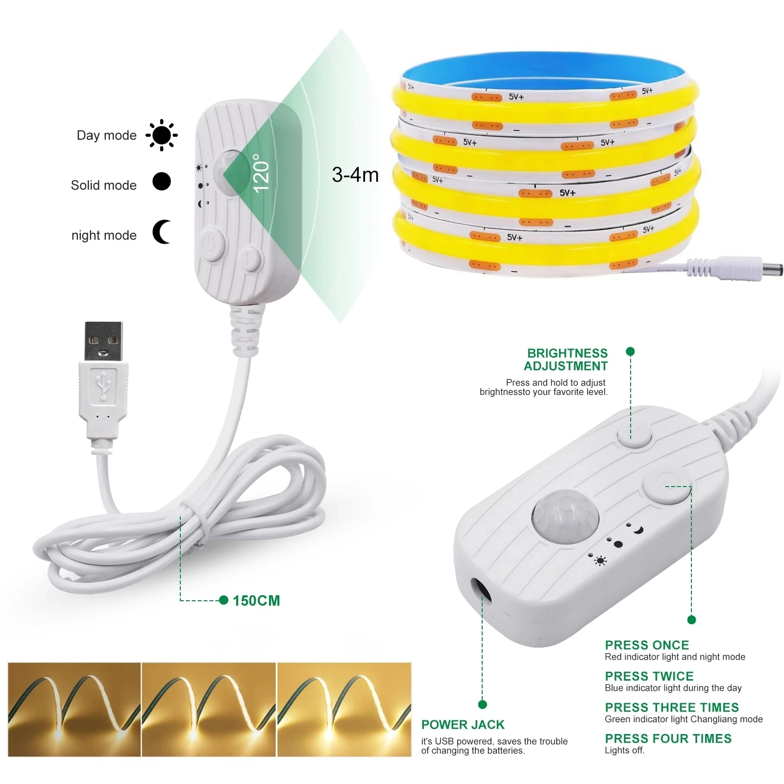 USB/4*AAA Battery Box PIR Motion Sensor Controller DC5V Led Controller Use for 5V COB LED Strip Light Not Include Battery