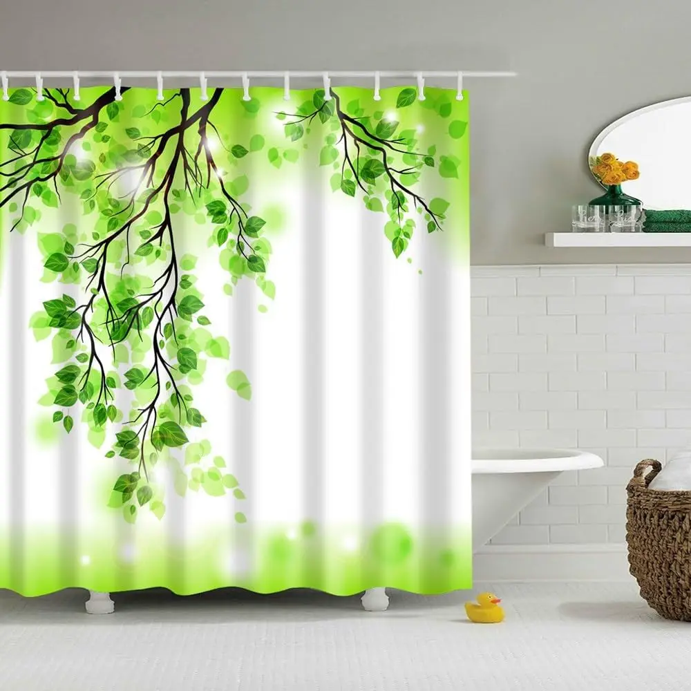 

Fabric Shower Curtain, Polyester Waterproof Quick-Drying Weighted Hem Shower Curtains Set for Bathroom (Spring Leaves, 72" W x 7