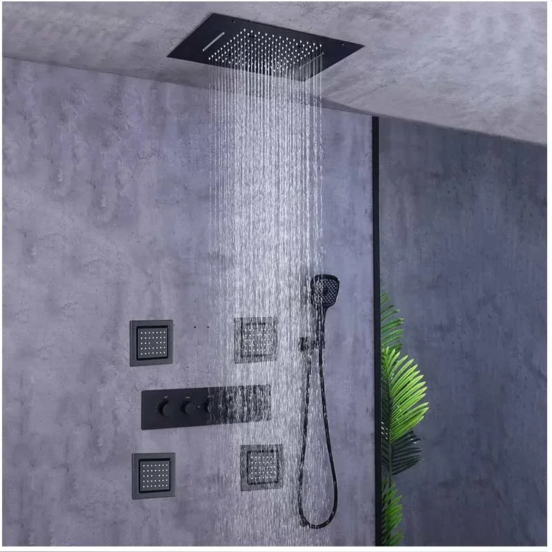 High Pressure LED Ceiling Mounted Shower Kit Thermostatic Rain Waterfall Shower System With Body Jets