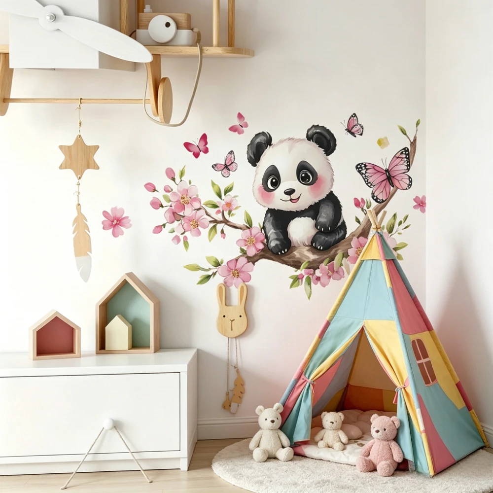Panda Cherry Blossom Wall Stickers Butterfly Floral Branch Decals Removable PVC Art Mural For Bedroom Playroom Home Wall Decor