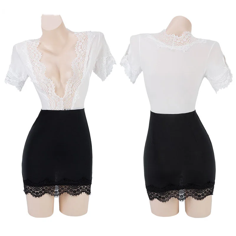 

Exotic Costume Office Lady Sexy Underwear Hollow Out Deep V Lace Cosplay Secretary Uniform Temptation Wrap Hip Dress For Women