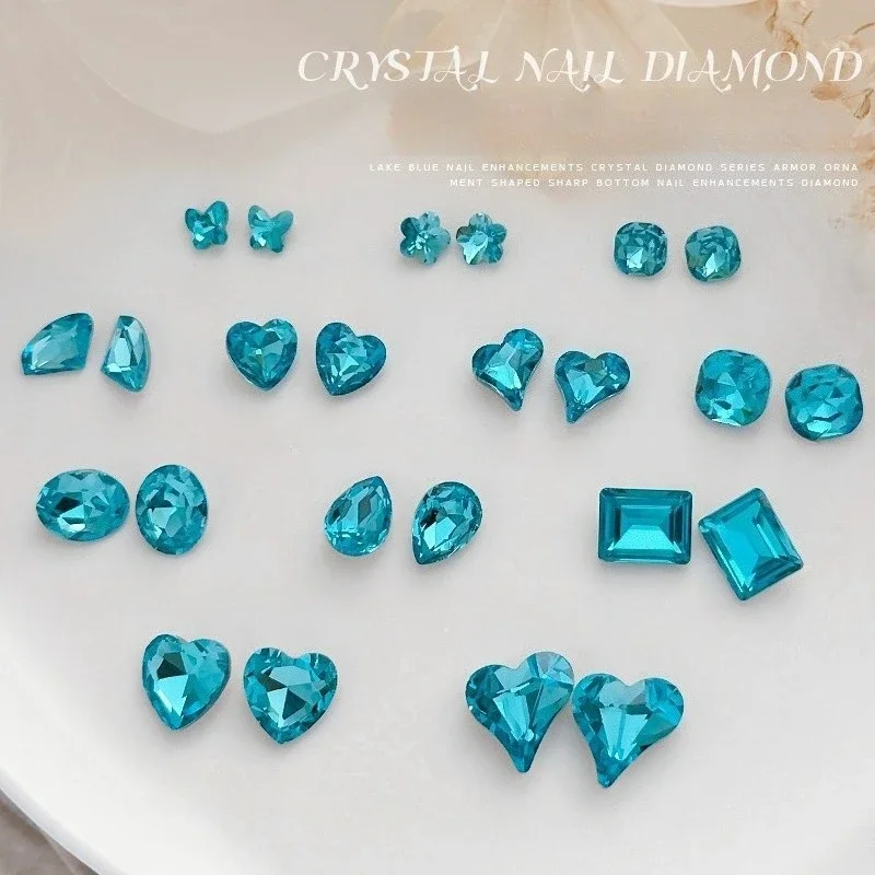 20Pcs Lake Blue Pointed Back Crystal Nail Rhinestones, Sparkly Axe Square & Large Slanted Heart Nail Gems for DIY Nail Art Decor