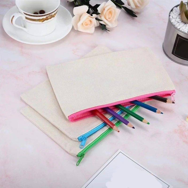 10Pcs Blank Canvas Zipper Pouch Makeup Bags/Small Pencil Pouch Multi-Purpose Travel Bags With Color Zipper For DIY Craft