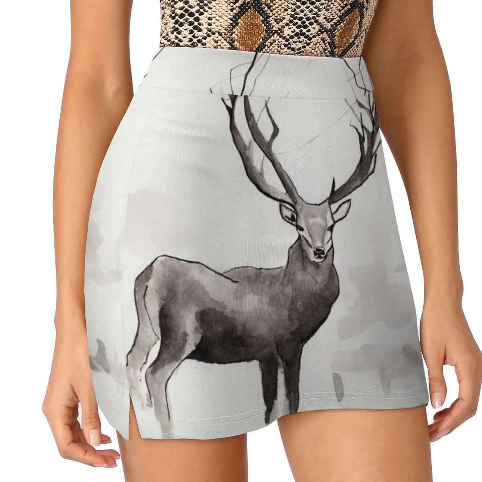 Art Illustration-Deer In The Fog Women's skirt Mini Skirts A Line Skirt With Hide Pocket Deer Fog Winter Holidays Animal Ink