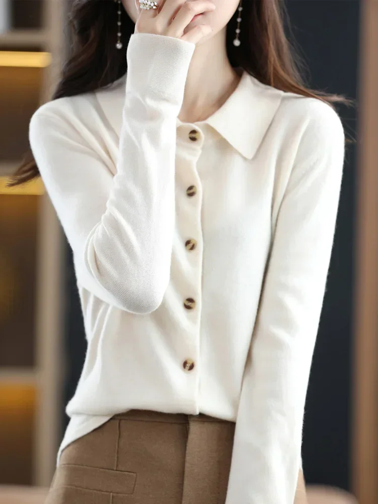 Fashion 100% Merino Wool Woman Sweater High Quality Long Sleeve Cardigan Polo-Collar Winter Clothing Knitwear Tops E1592