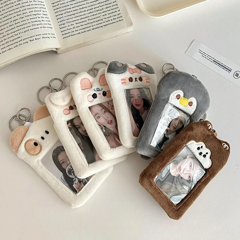 New Kpop Cute Kawaii Puppy And Cat Plush Card Protector Campus Meal Card Idol Card Photo Display Pendant Girl Student Stationery