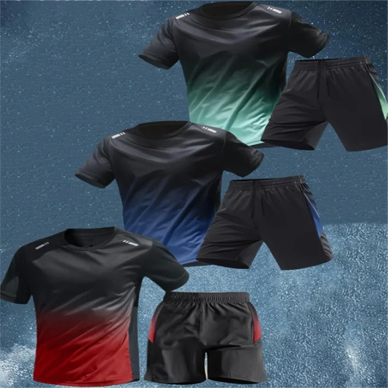Harajuku Sports Set Men Quick Dry Short Sleeve T Shirt With Mesh Shorts Lightweight Training Suit Running Fitness Summer Outfit