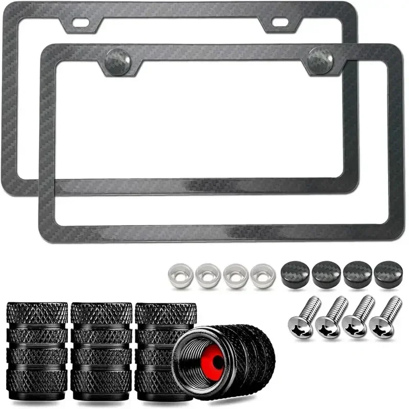 New 1/2pcs Black Carbon Fiber Pattern Plastic License Plate Frame Fiber Black Aluminum Metal Car Tag Holder Tire Screw Cap