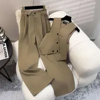 Traje sencillo sin mangas, chaleco, pantalones de pierna ancha informales, conjunto de dos piezas para mujer, nuevo conjunto de traje elegante 2025