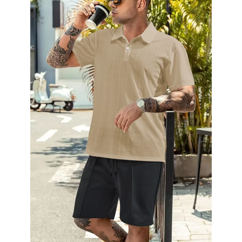 

New Men's Clothing Products European and American Summer Thin Solid Short-sleeved Imitation Thread Small Checkered Lapel Shirt
