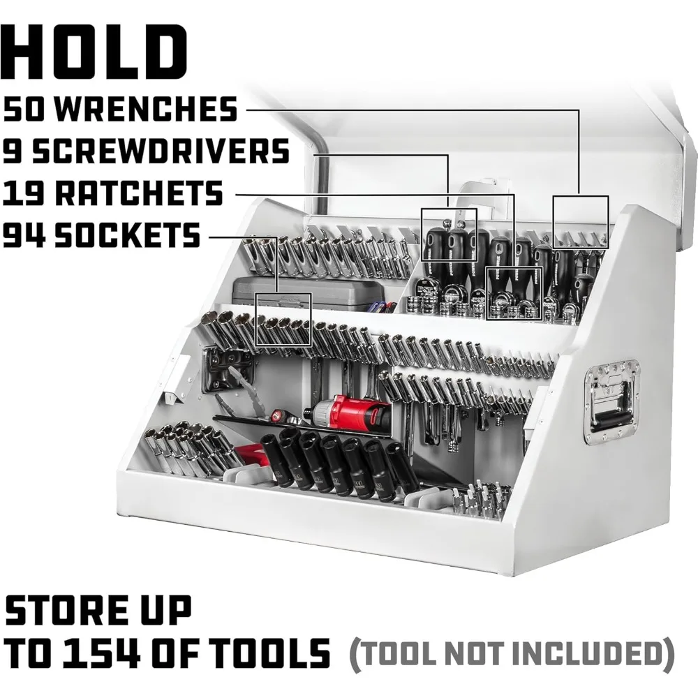 صندوق أدوات أمامي مائل 26 محمول مع حاملات سلالم متدرجة، فولاذ قياس 16، أجهزة من الكروم، مقاومة للطقس