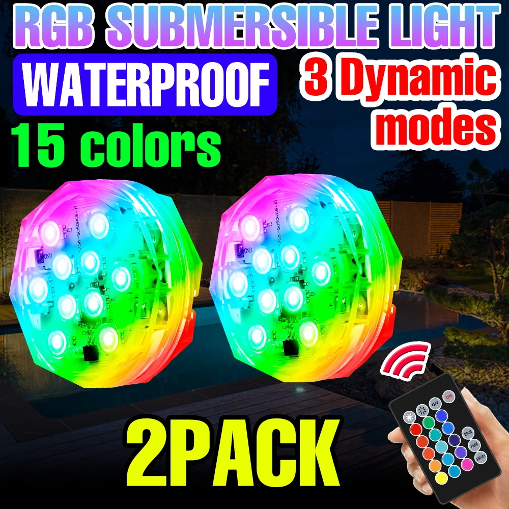 

Набор из 2-х RGB-светильников для подводного освещения: 15 цветов, меняющиеся цвета, для аквариумов, бассейнов, фонтанов, вечеринок, подводное освещение