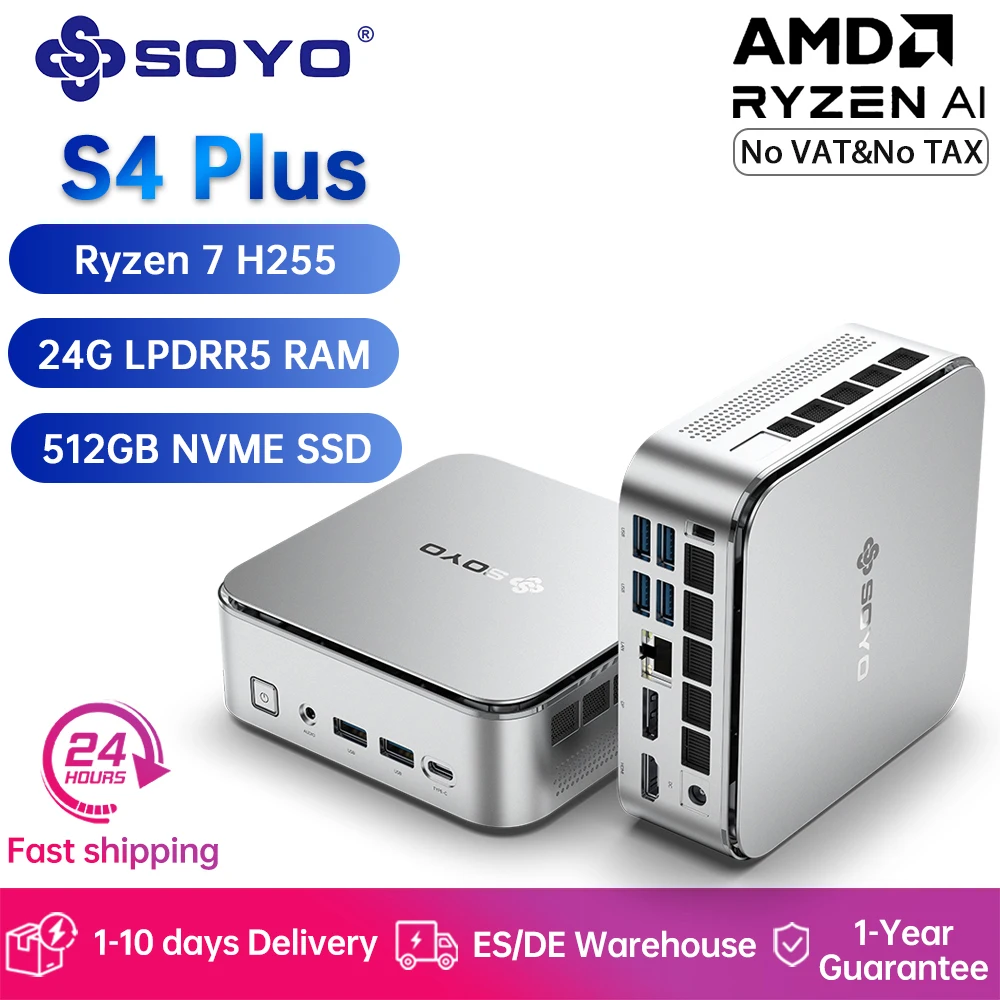 Soyo S4 Plus Gaming Mini-PC AMD Ryzen 7 H255 24GB LPDDR5 RAM 512GB PCIE3.0 SSD Desktop-Computer Dual 4K 120Hz Display WiFi6/BT5.2