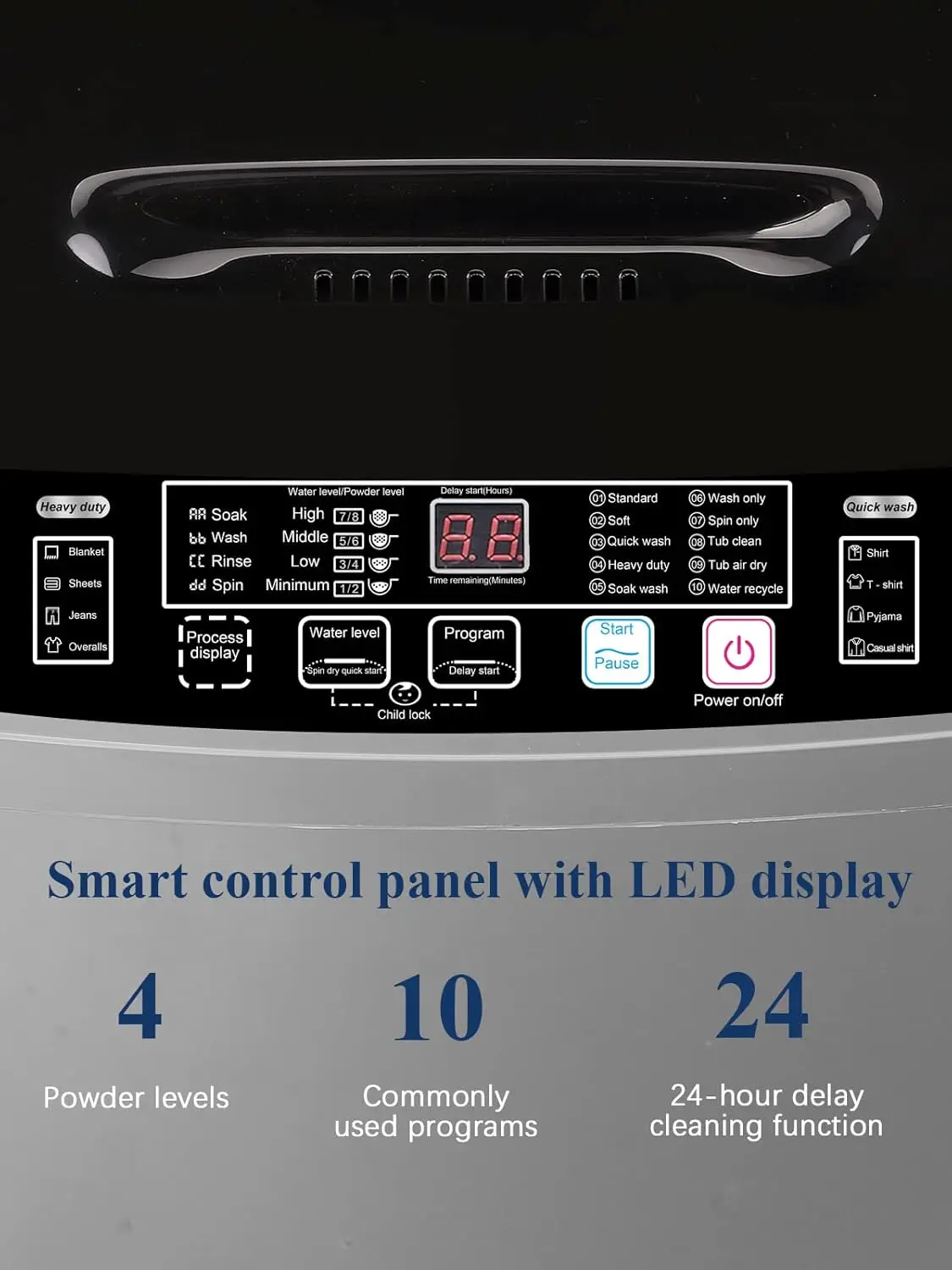 KRIB BLING Full Automatic Washing Machine with LED Display 17.7 lbs Portable Washer Drain Pump 10 Programs & 8 Water Levels