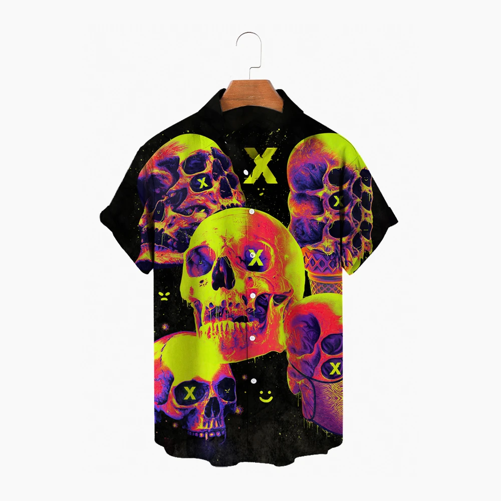 

Men's Color Skull Short Sleeve Loose Button Hawaiian Casual Shirt Beach Top Plus Size Printed Shirt 2023 Summer Shirt Men