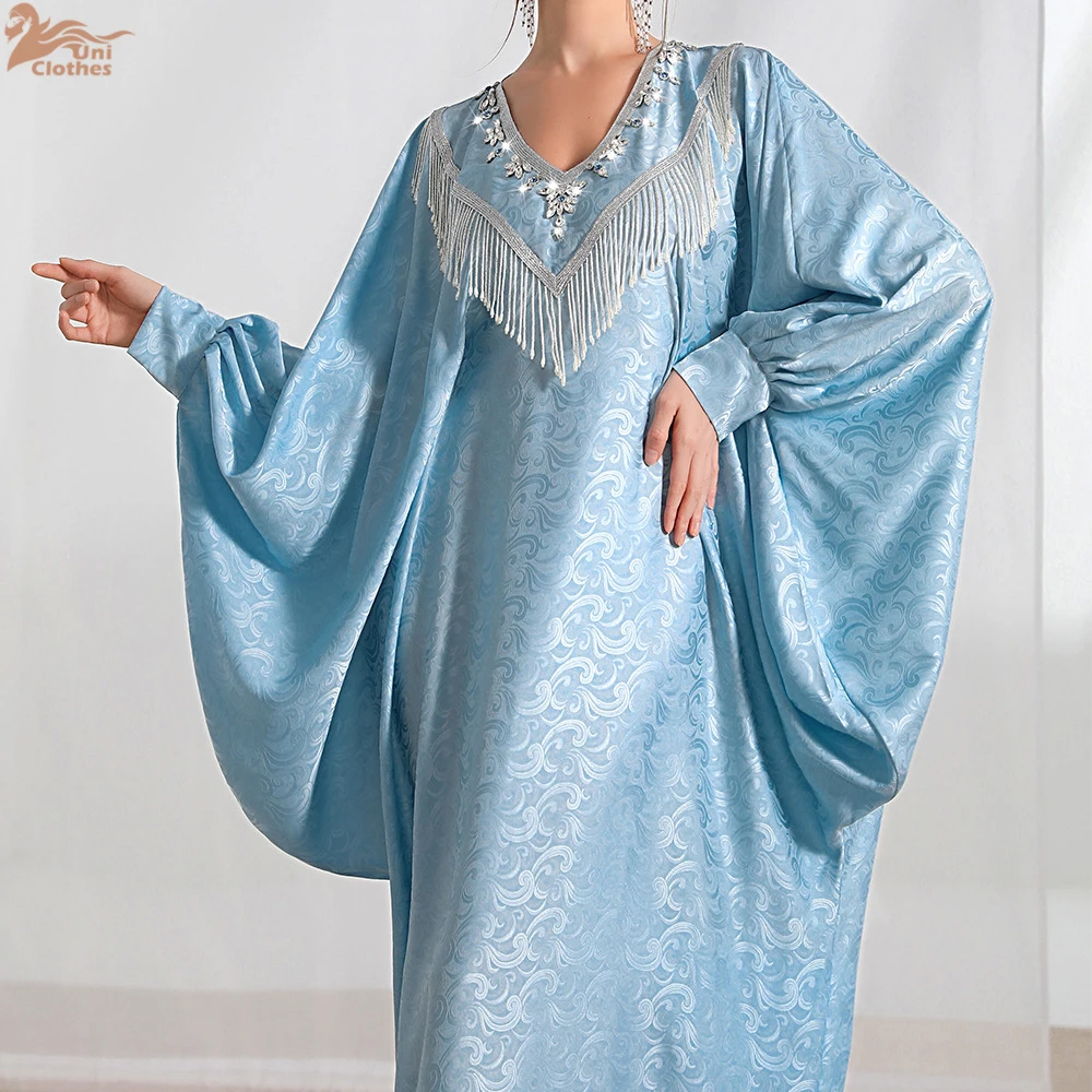 Hand Sew Rhinestone Beaded Tassel Batwing Sleeve Robe Light Blue Ethnic Print Oversized Dubai Moroccan Kaftan Arabic Clothes Eid