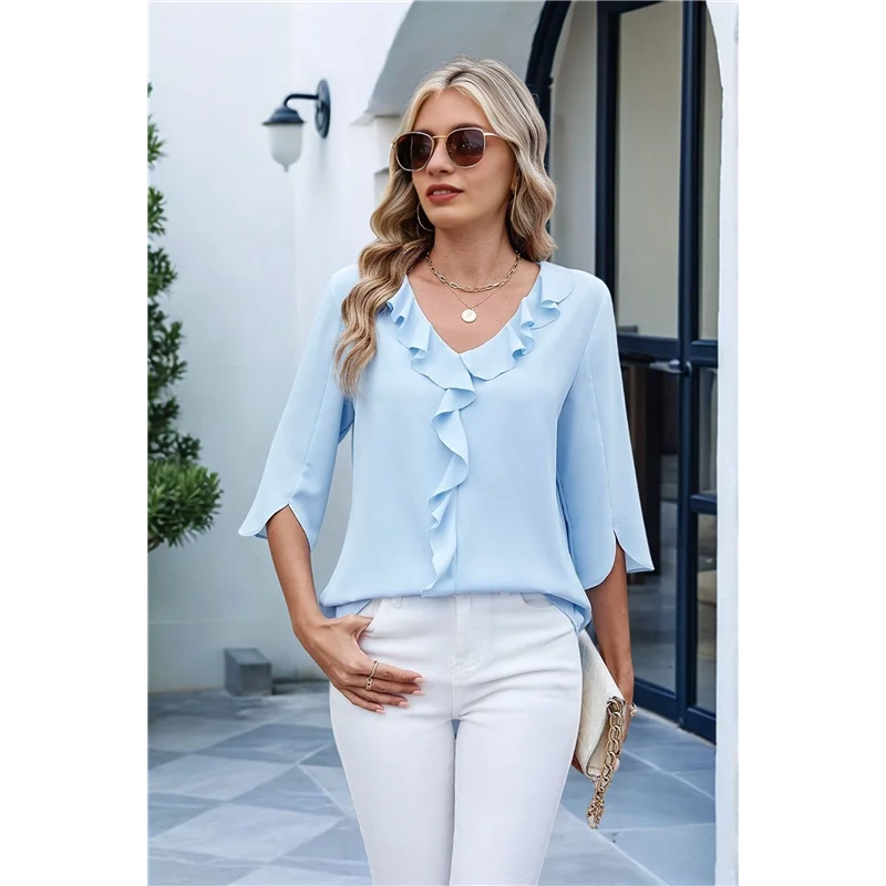 

AG-Womens Dressy Casual Blouses 3/4 Sleeve V Neck Ruffle Tops Business Ladies Summer 2025 Trendy Work Shirt