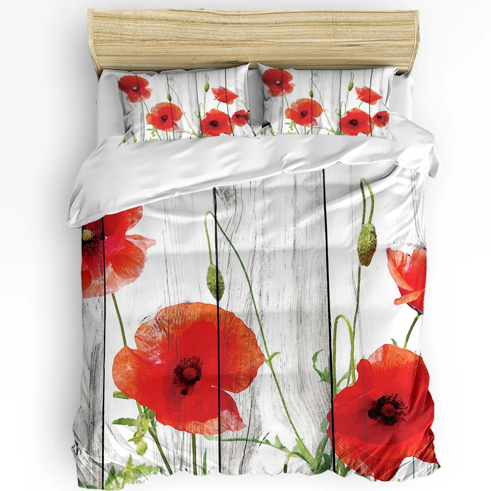 

Vintage Wood Red Flowers Poppy Duvet Cover with Pillow Case Custom 3pcs Bedding Set Quilt Cover Double Bed Home Textile