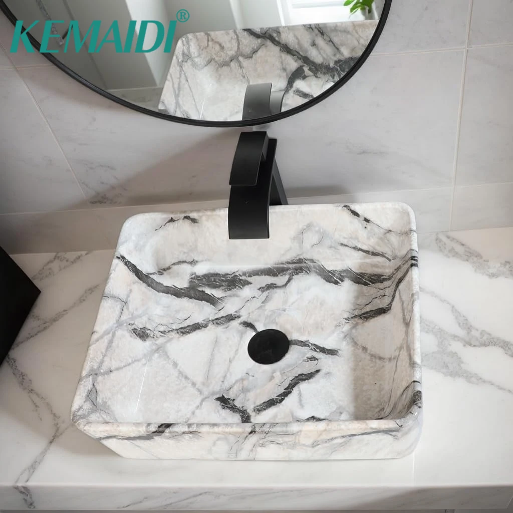 

KEMAIDI Bathroom Vessel Sink ModernWhite Rectangular Marble Vessel Sink - 19"x15" Handmade Ceramic Countertop Porcelain Sink