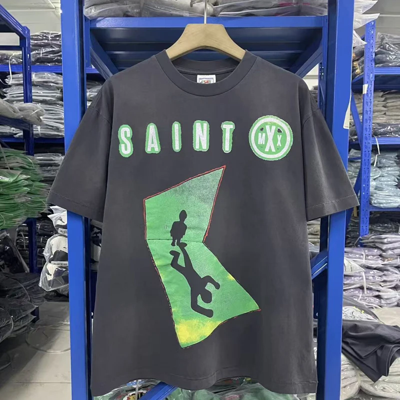 

2026 Saint Distorting Mirror Portrait Print T Shirt Men Women Inteno To Liveforever on Die Trying Text Washed Loose Short Sleeve