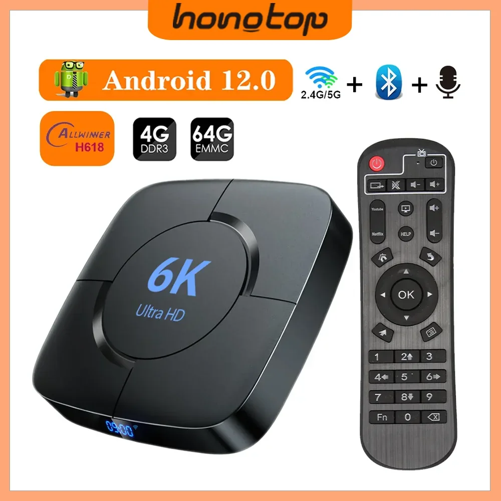 HONGTOP 6KPRO Smart TV Box Android 12 Allwinner H618 Support 6K HD Video 2.4G/5GHz Wifi BT5.0 H.256 Media Player Set Top Box