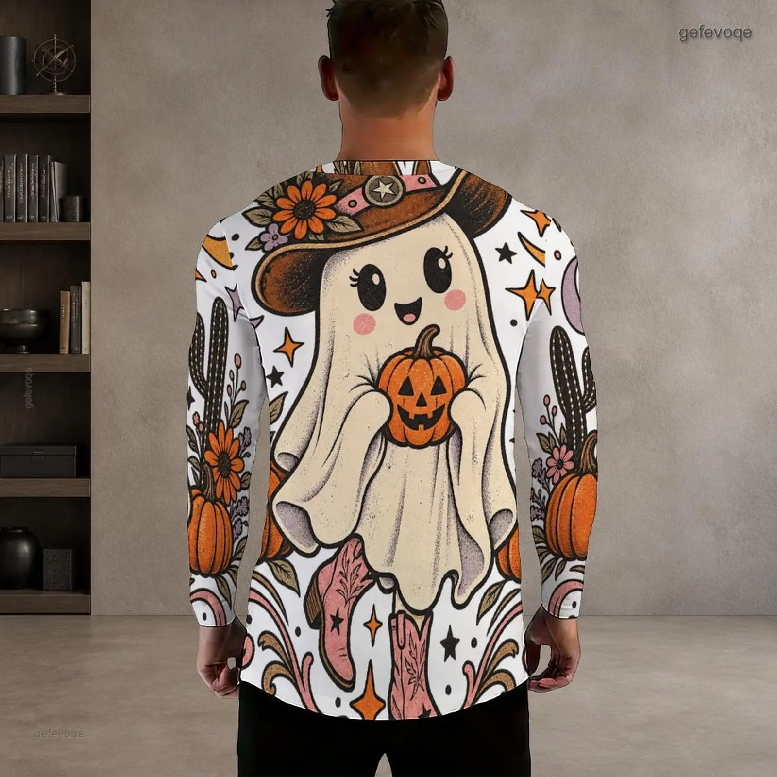 Men Notch Neck Long Sleeve Pullover Straight Hem Printed Top