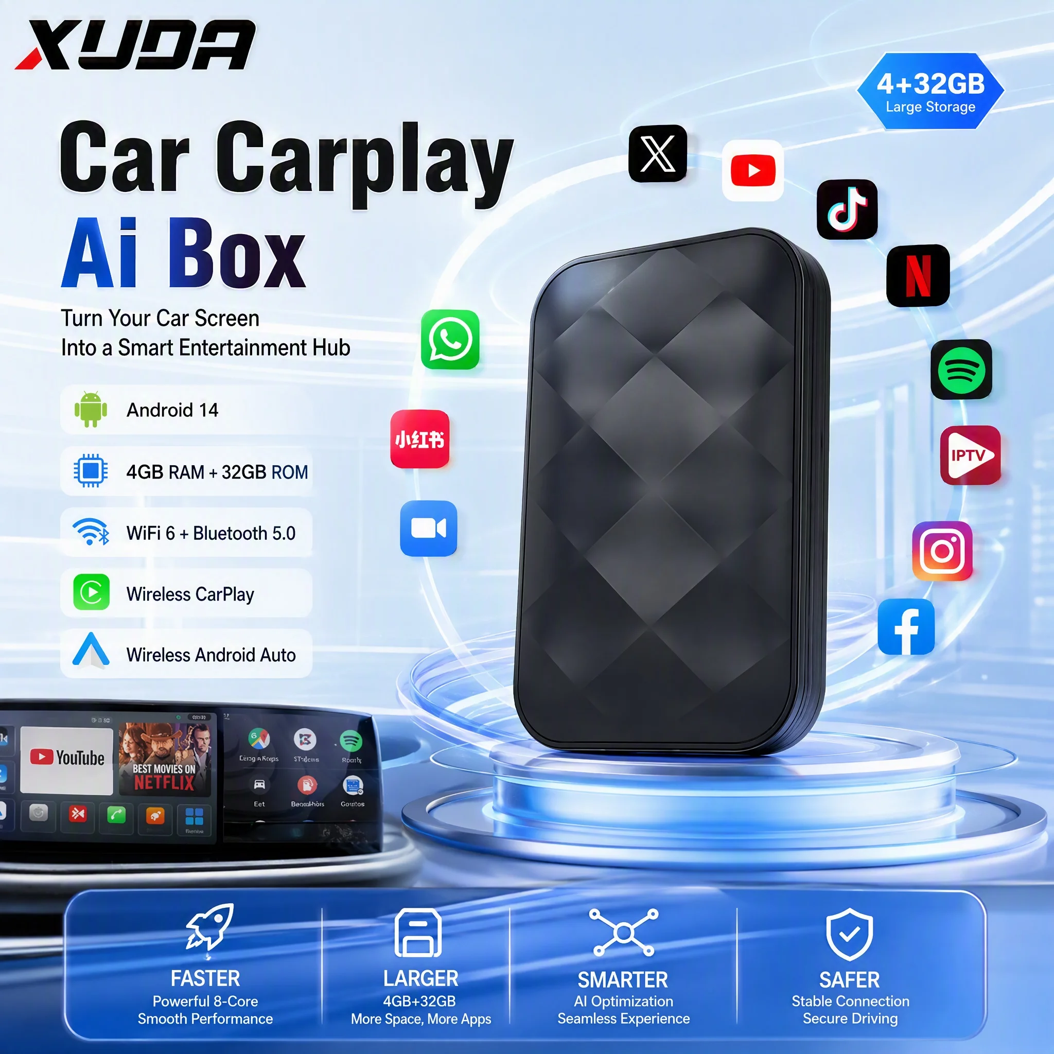 XUDA 2026 New 3in1 Wireless Adapter Android Auto& CarPlay with Android 14 for YouTube Netflix – Universal TV Box – Plug-and-Play