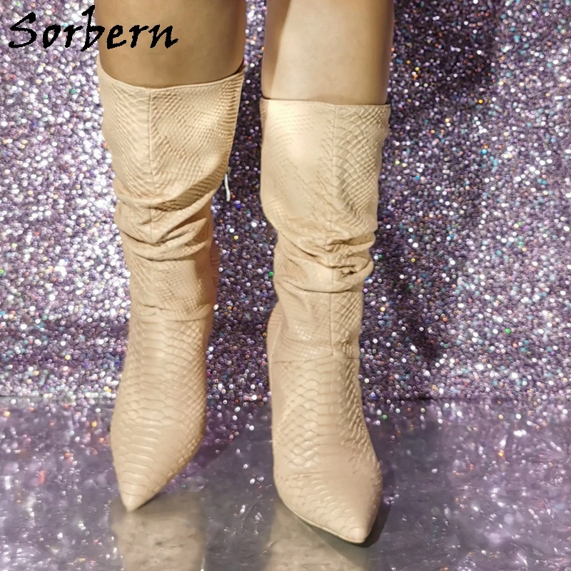 Sorbern Khaki Snake Half Zipper Boots Women High Heel Stilettos Pointed Toe Pleasted Ankle Booties Custom Multi Colors