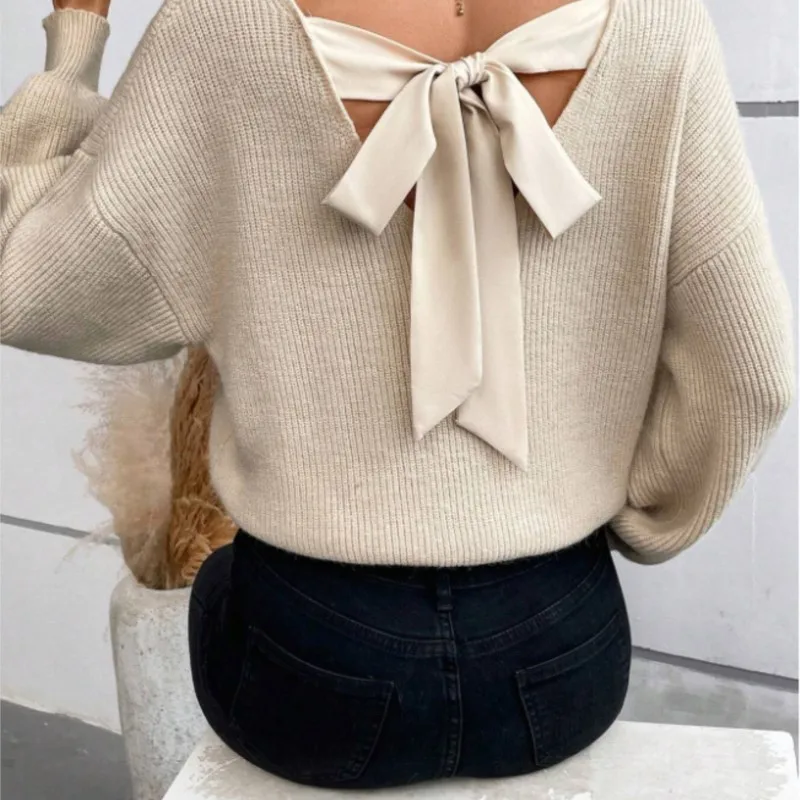 

2025 New Autumn Winter V-Neck Solid Color Bowknot Loose Sweater Women's Long Sleeve Casual Top Woman Comfortable Knittedwear