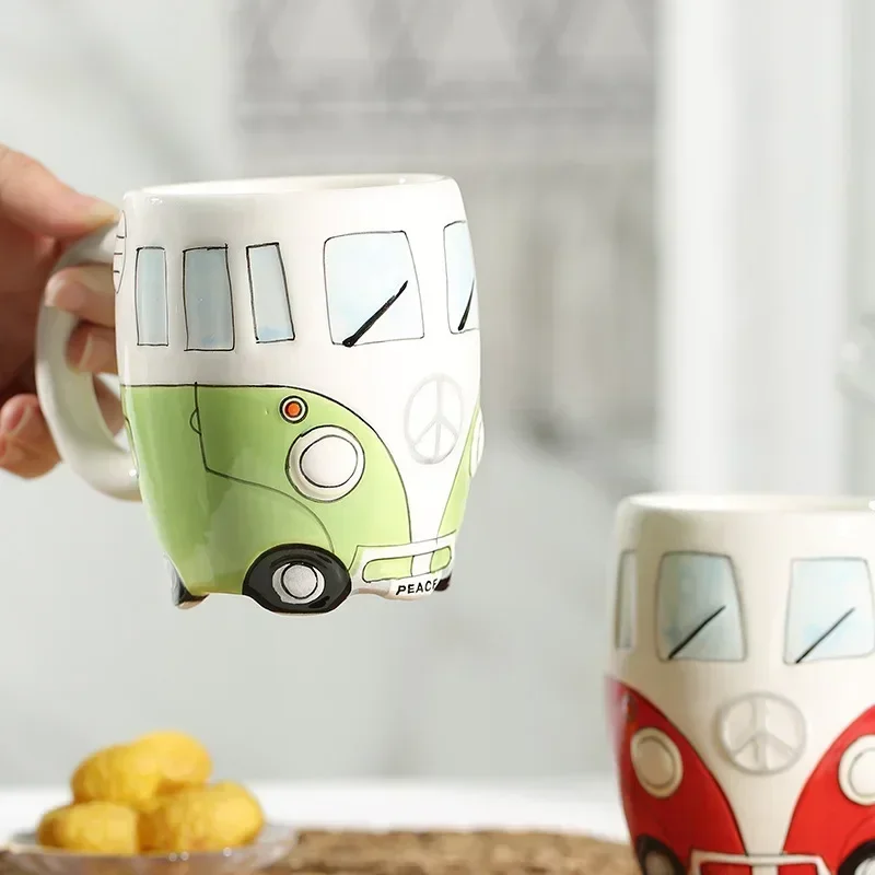 400ml Bus Mug Cute Cartoon Handcrafted Ceramic Bottle with Handle Hand-painted Children\'s Cup Milk Glass In The Shape of A Car