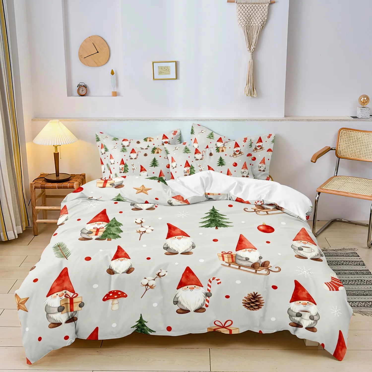 3Pcs Christmas Gnome Duvet Cover Set, Gift Sleigh Pine Tree Print Bedding Set, For Family Bedrooms Dormitories Hotels