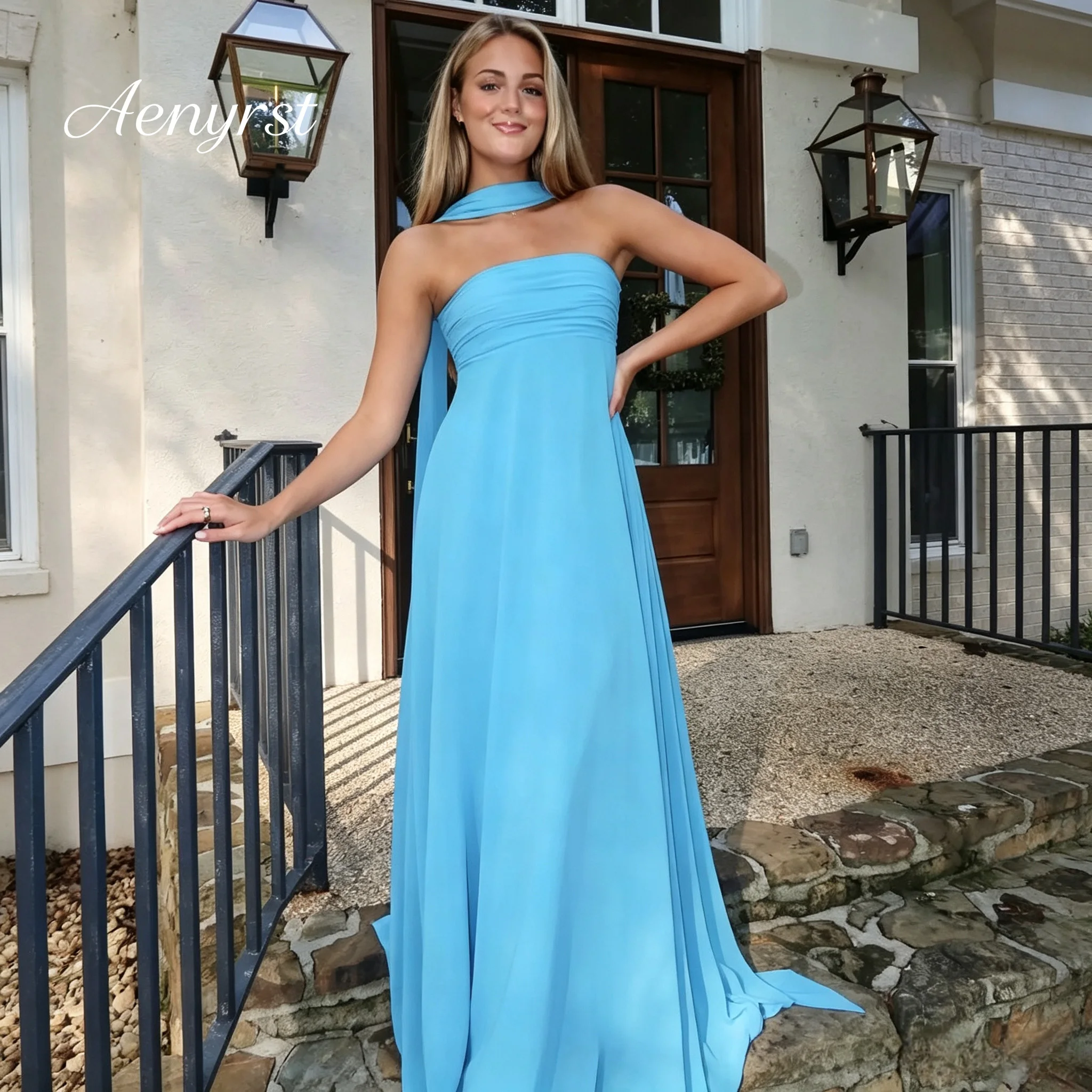Fashion Strapless Bridesmaid Dress A‑Line Chiffon Maxi Gown With Halter Sash For Wedding Celebrations