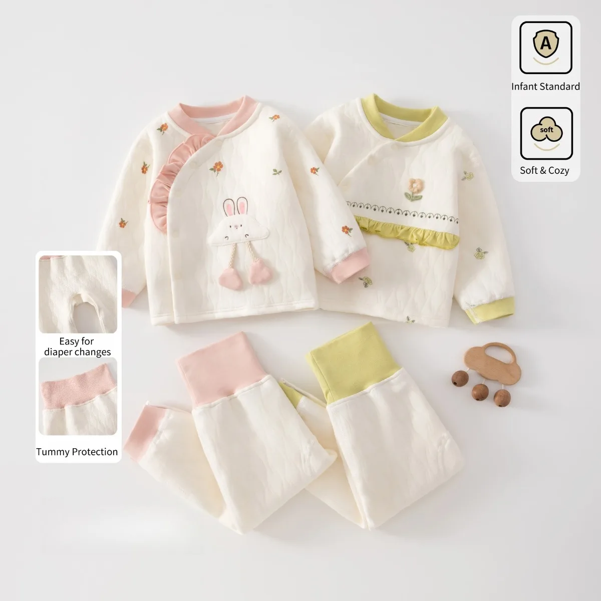 Cute Baby Cotton Outfit Cartoon & Floral Pattern Thermal Quilted Top Pants Set Newborn Lounge Unisex 0-14M Autumn Winter Clothes