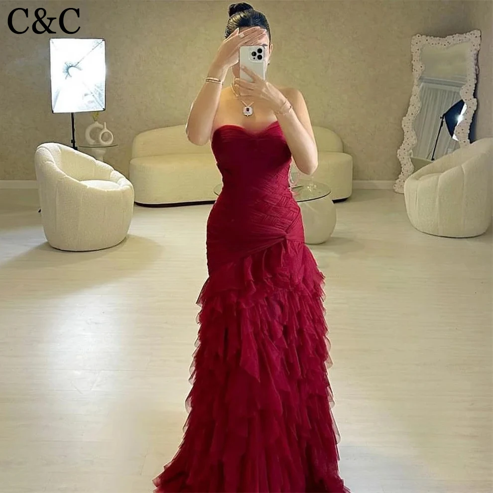 C&C Sweetheart A-line Brush es Layered Draped Skirts Tulle Evening Dress Sexy Special Occasion Gown Sleeveless Backless Length