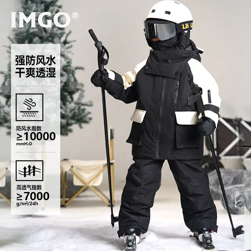 IMGO Professional Children's Ski Suit Black Cute Waterproof Windproof Thick Warm Kid's Outdoor Snow Clothing Snowboard Girl Boy