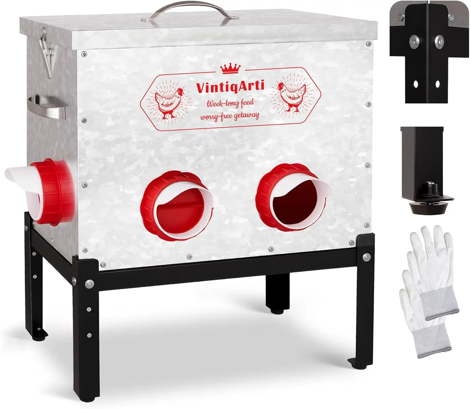 

40Lb Automatic Chicken Feeder No Waste Metal Chicken Feeders 6 Port Metal Silo with Locking Lid Rat & Rodent Proof Weatherproof