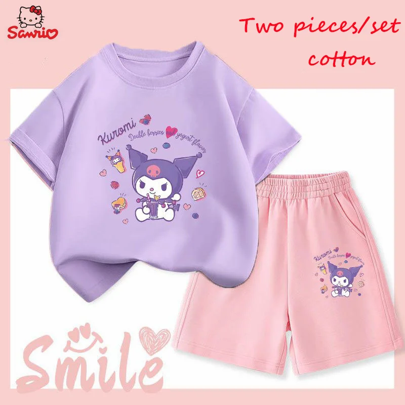 2024 New Sanrio Children Summer T-Shirt Set Kawaii Kuromi Cinnamoroll Mymelody Cute Cartoon Kids Tide Short-Sleeved Shorts