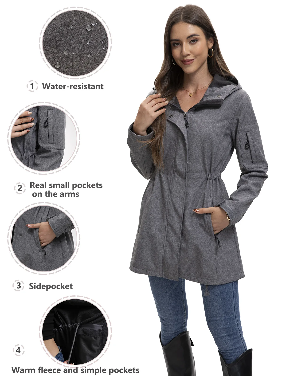 Women's Hooded Multi-Pocket Windbreaker Fleece Jacket European-Style Fashionable Autumn Winter Wear