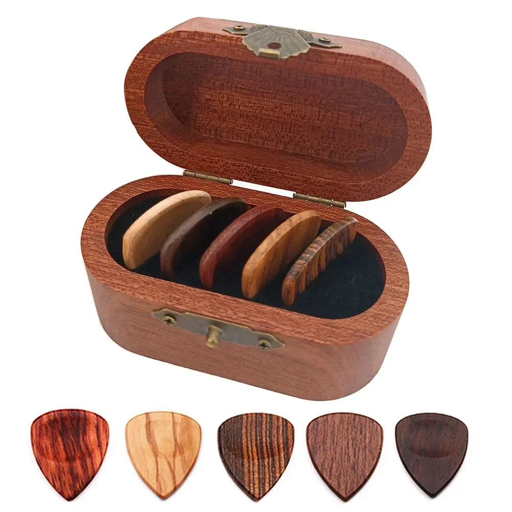 Gift Holder Guitar Picks Case Wooden Box With 5 Wood Picks Plectrum Storage Box Instruments Acoustic Electric Guitars Accessorie