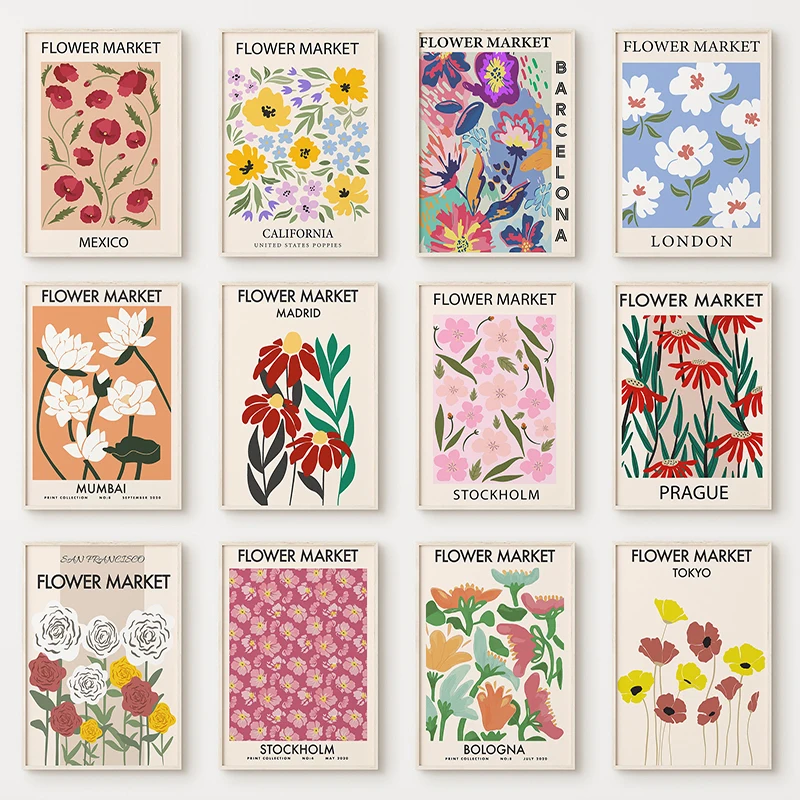 Blumen-Poster Leinwanddruck Abstrakte Kunst Blumenmarkt-Druck Nordischer Stil Wandbild für Wohnzimmer Heimdekoration
