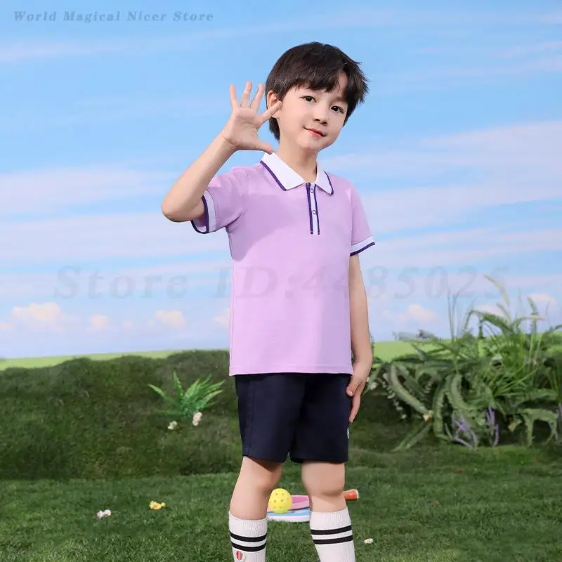 Bambini Ragazzi Ragazze Uniforme scolastica Pantaloncini estivi a maniche corte Abbigliamento sportivo Abito dolce viola Abbigliamento stile college per bambini