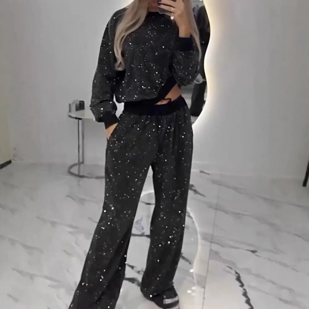 

Spring Loose Fit Suit Sequin Women's Top Pants Set with Round Neck Wide Leg Trousers Elegant Outfit for Commuting Wear Spring