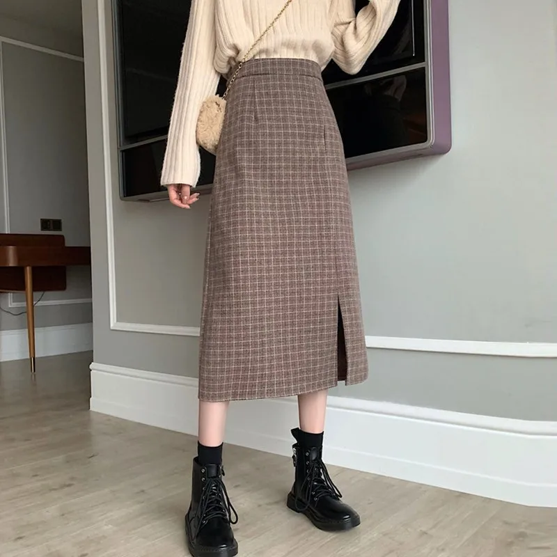 High Waist Long Skirts Women New 2022 Spring Korean Style Vintage Plaid Jupe Faux Woolen Ladeis A-line Casual Faldas Mujer