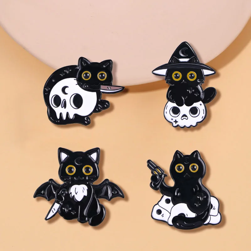 Halloween Black Cat Skull Brooch Cute Cartoon Cat Pin Metal Badge for DIY Clothes Bags Shoes Hat Scarf T-shirt Jeans Accessories