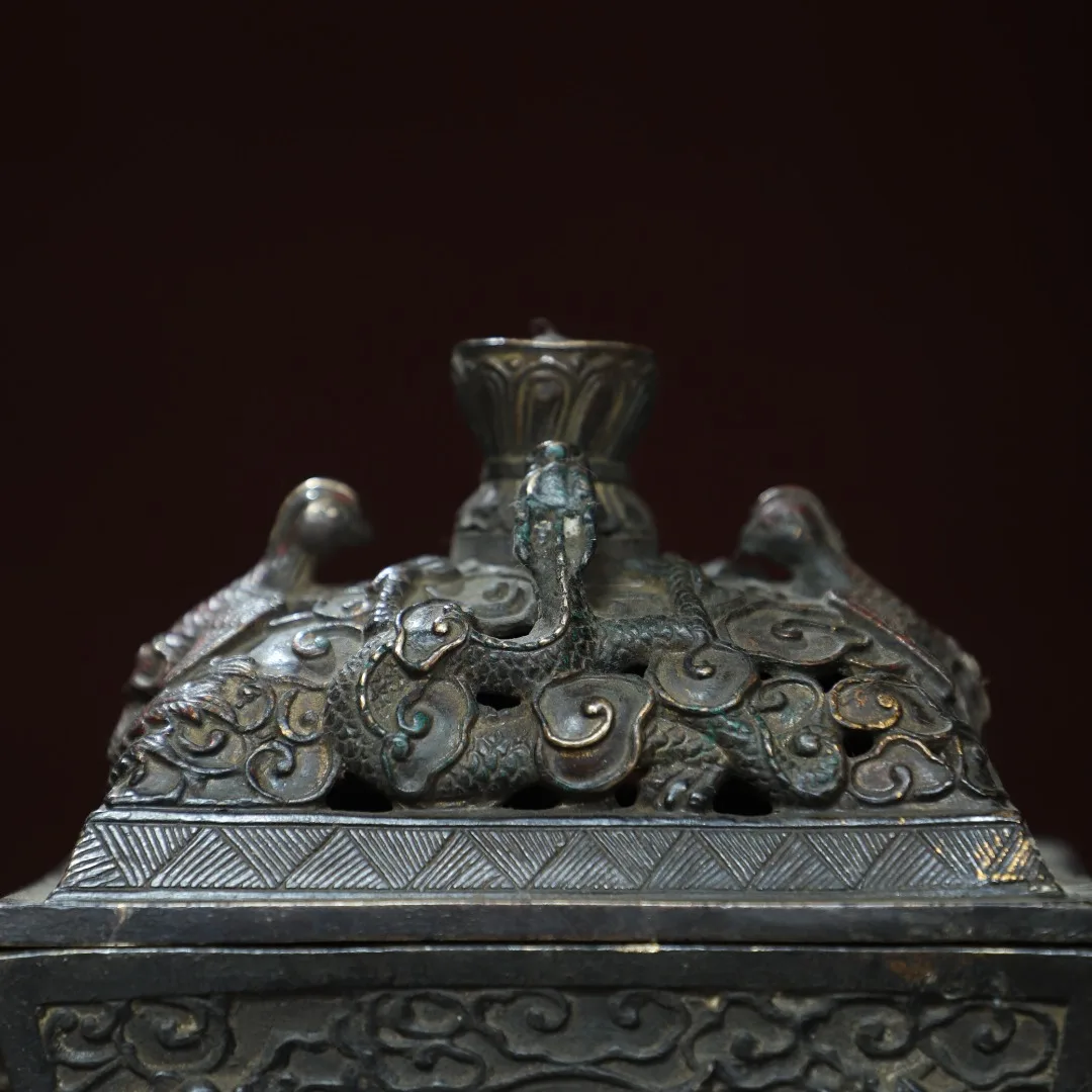 Old Bronze Cinnabar Mud gold Dragon and Phoenix Texture Cover Kirin pattern Square incense burner base Town house