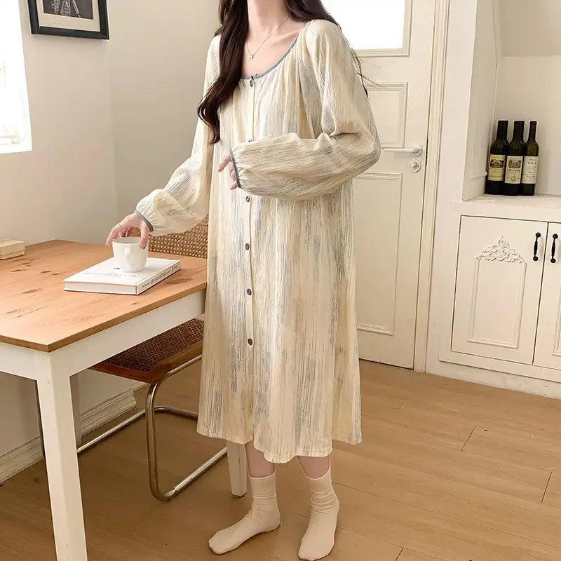 Tie Dye Women Nightgown Button Sleepwear O-neck Nightwear Korean Fashion Night Dress Long Sleeve Autumn One Piece Pajamas New