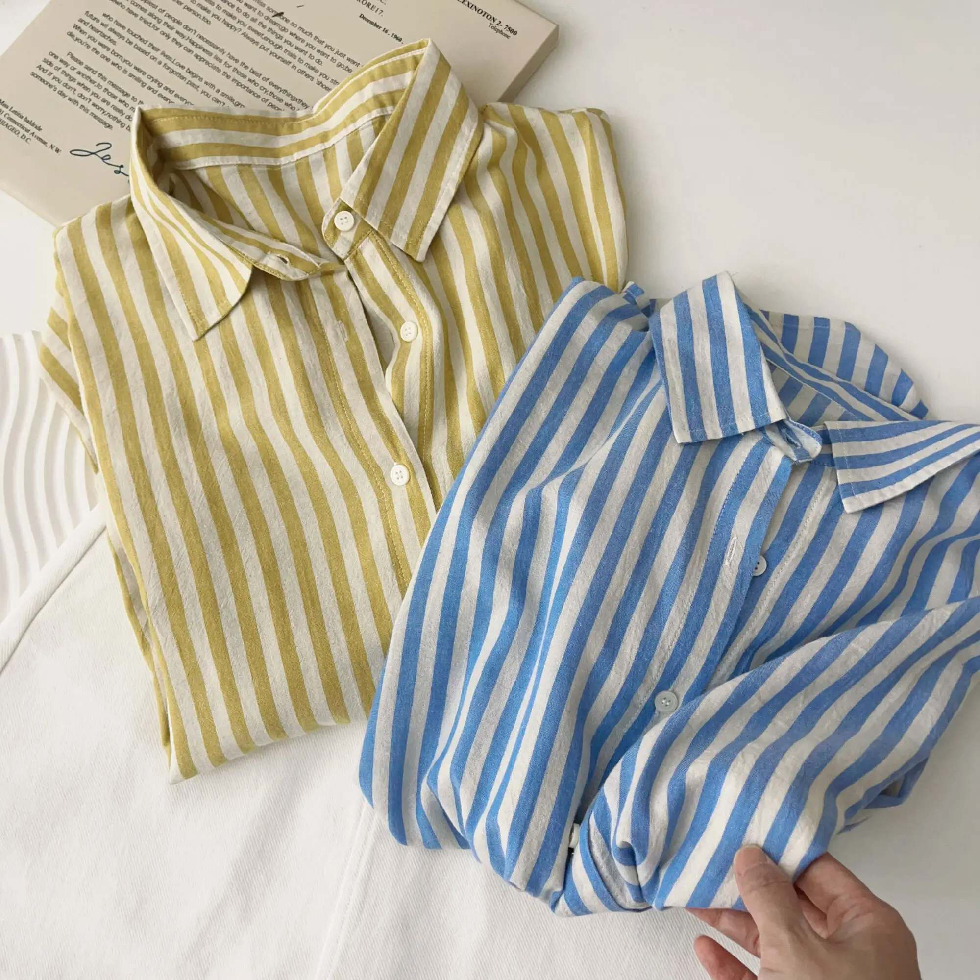 

2025 Summer Long Sleeve Blue Striped Shirt For Women Loose Casual Top